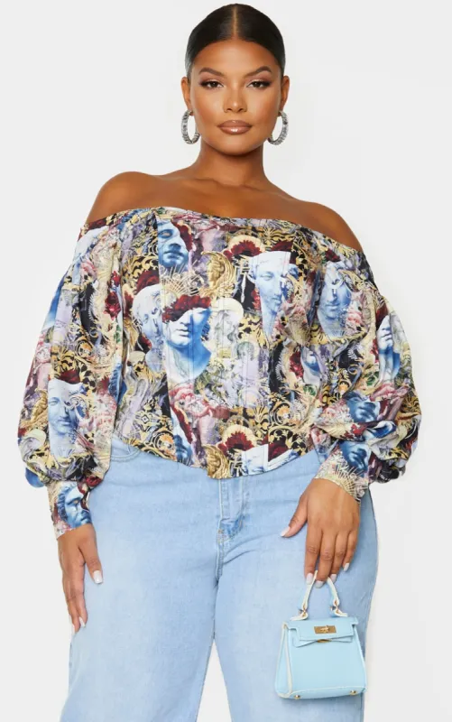 Plus Multi Renaissance Bardot Balloon Sleeve Corset Top sold by Pretty Little Thing