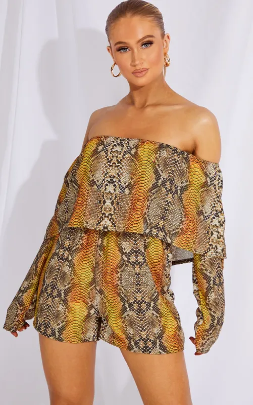 Tan Snake Print Bardot Layered Playsuit sold by Pretty Little Thing