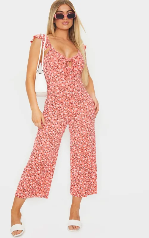 Coral Ditsy Floral Frill Shoulder Culotte Jumpsuit sold by Pretty Little Thing