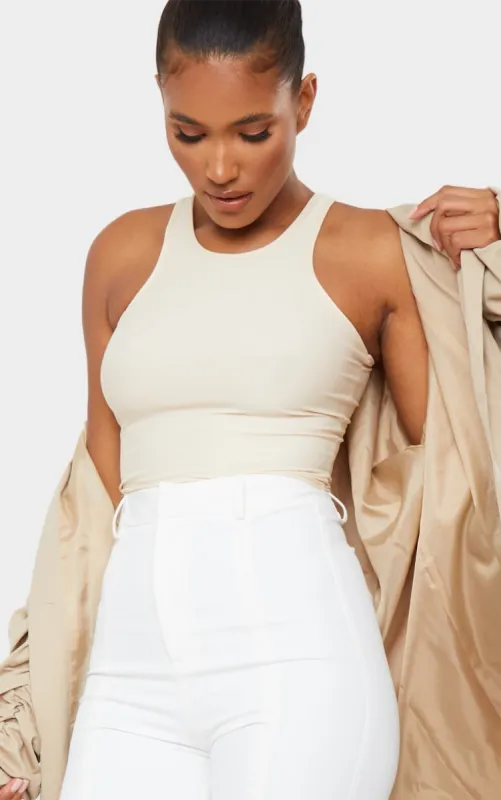 Stone Slinky Fitted Racer Crop Top sold by Pretty Little Thing