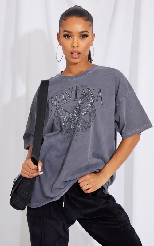 Charcoal Montana Logo Oversized Washed T Shirt sold by Pretty Little Thing