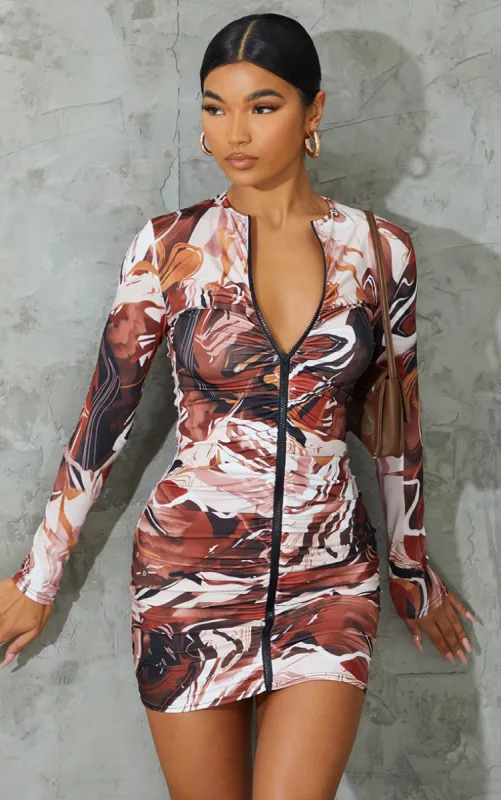 Chocolate Abstract Print Slinky Ruched Zip Through Bodycon Dress made by Pretty Little Thing