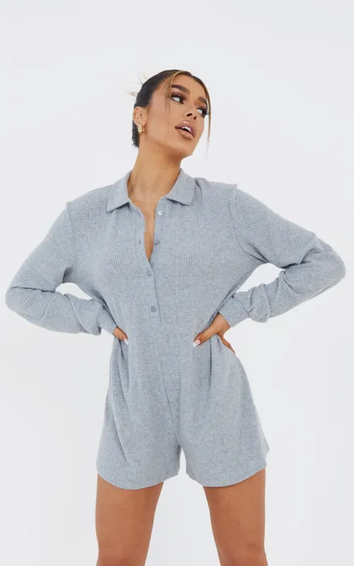 Grey Marl Brushed Rib Oversized Shirt Playsuit sold by Pretty Little Thing