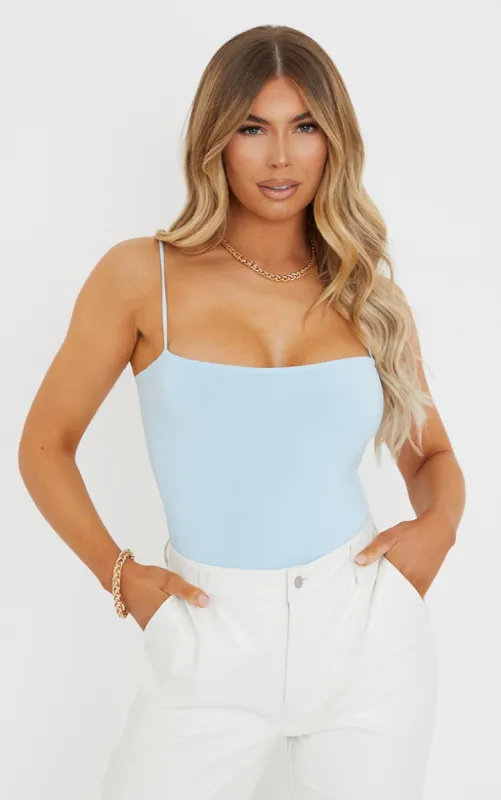 Pastel Blue  Slinky Square Neck Spaghetti Strap Bodysuit made by Pretty Little Thing