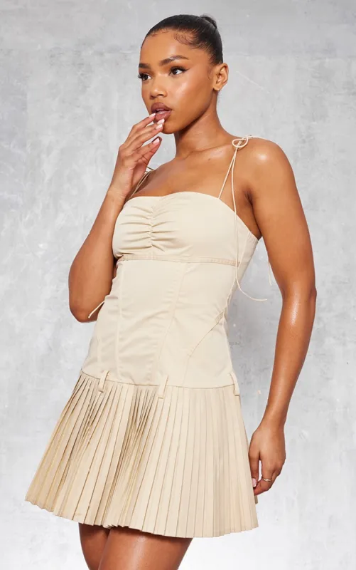 Camel Tailored Woven Corset Pleated Shift Dress sold by Pretty Little Thing