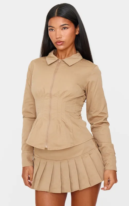 Tan Zip Front Fitted Long Sleeve Jacket sold by Pretty Little Thing