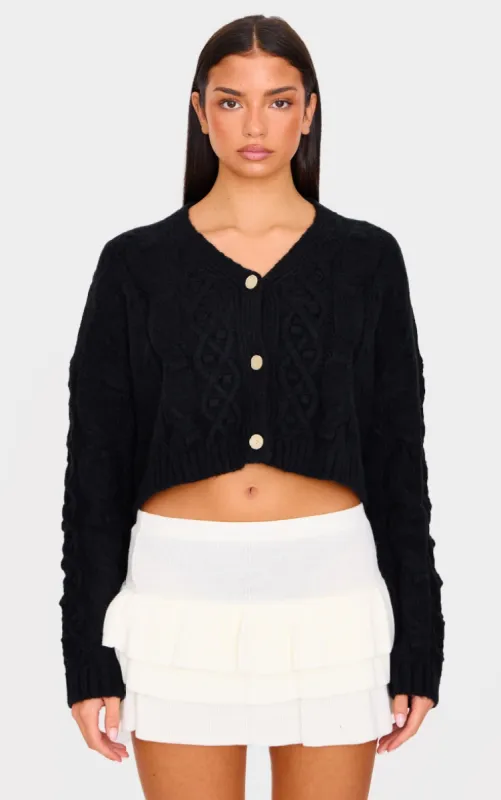 Black Textured Cable Knit Cropped Cardigan sold by Pretty Little Thing