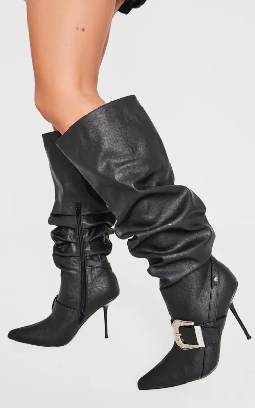 Black Pu Point Toe Buckle Knee High Stiletto Heeled Boots sold by Pretty Little Thing