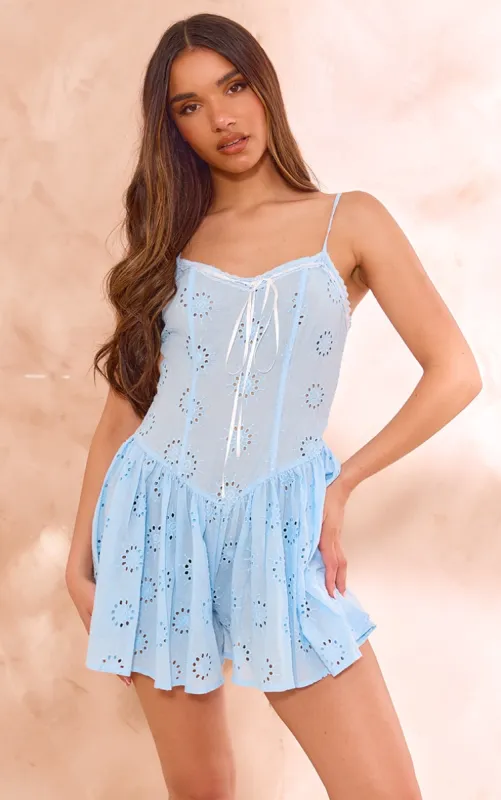 Light Blue Broderie Ribbon Detail Strappy Shift Playsuit  sold by Pretty Little Thing