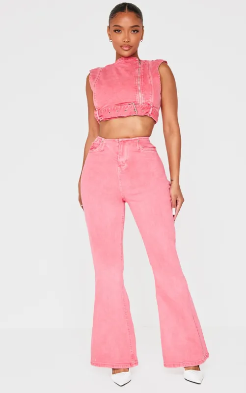 Shape Washed Red Denim Low Rise Flare Jeans sold by Pretty Little Thing