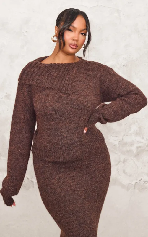Plus Chocolate Marl Knit Asymmetric Overlay Jumper made by Pretty Little Thing