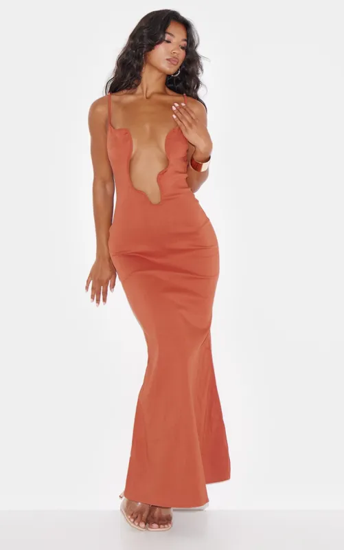 Rust Slinky Wired Plunge Maxi Dress sold by Pretty Little Thing