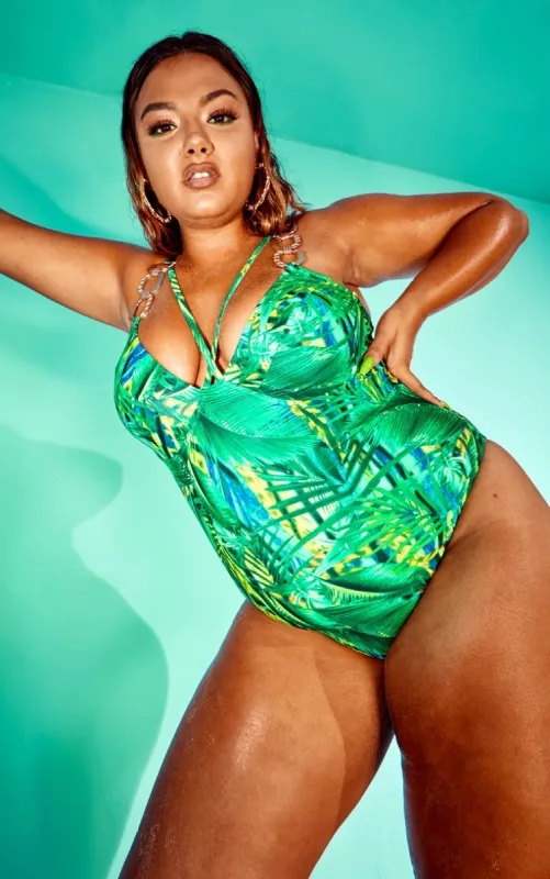Plus Green Tropical Gold Trim Underwired Swimsuit sold by Pretty Little Thing