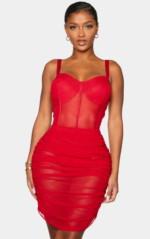 Shape Red Mesh Cup Detail Binding Bodycon Dress sold by Pretty Little Thing