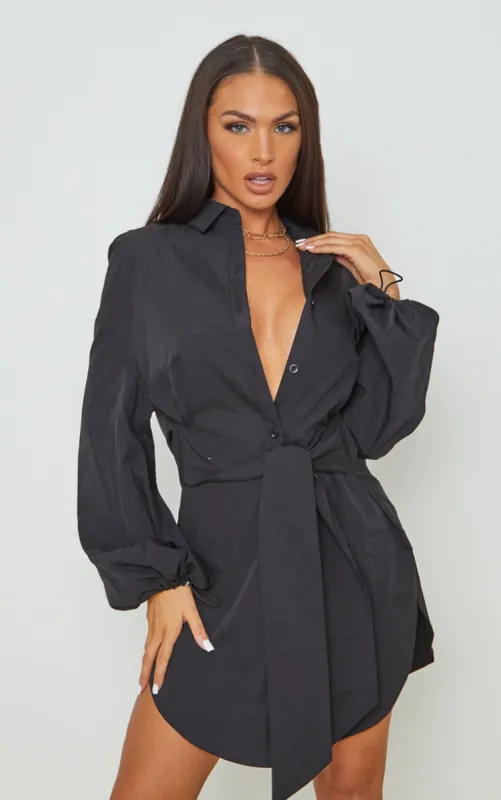 Black Tie Waist Elasticated Puff Cuff Shirt Dress sold by Pretty Little Thing