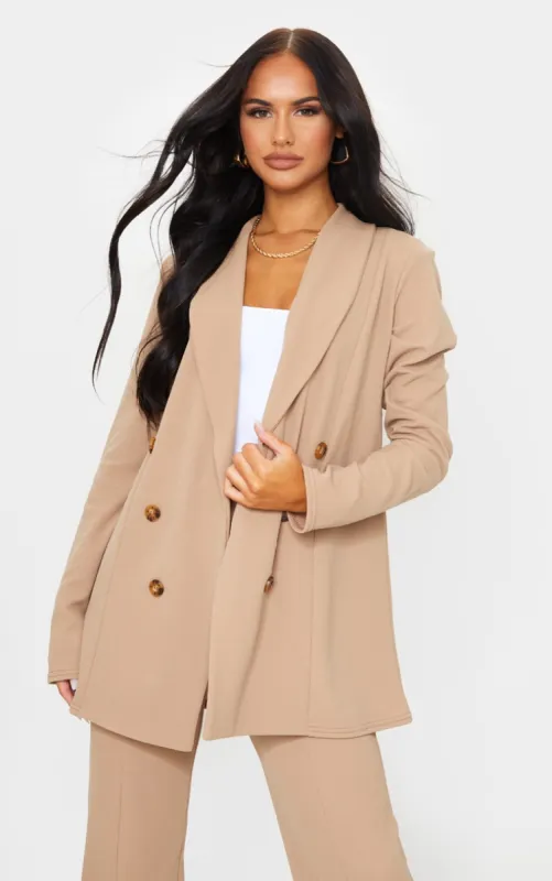 Camel Oversized Shoulder Pad Button Detail Blazer sold by Pretty Little Thing