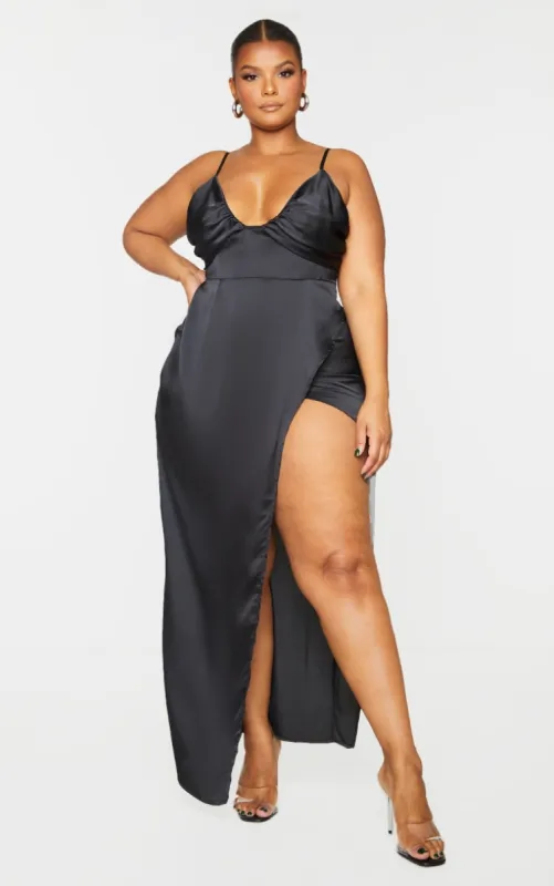 Plus Black Ruched Cup Split Leg Satin Maxi Dress sold by Pretty Little Thing