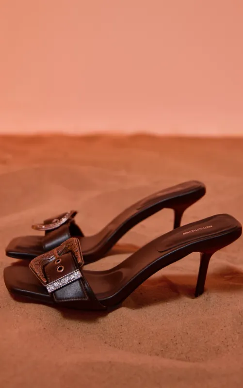 Black PU Square Toe Western Buckle High Stiletto Heeled Mules sold by Pretty Little Thing