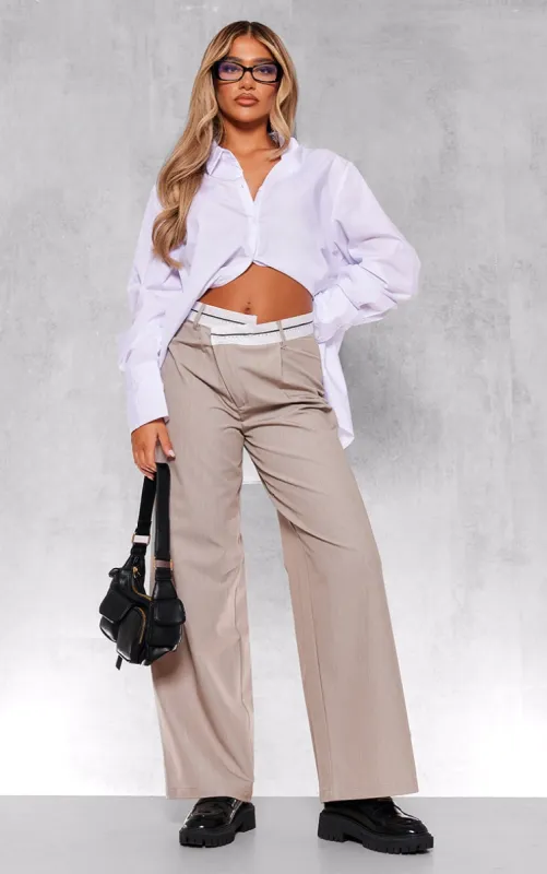 Taupe Contrast Double Waistband Tailored Straight Leg Trousers sold by Pretty Little Thing