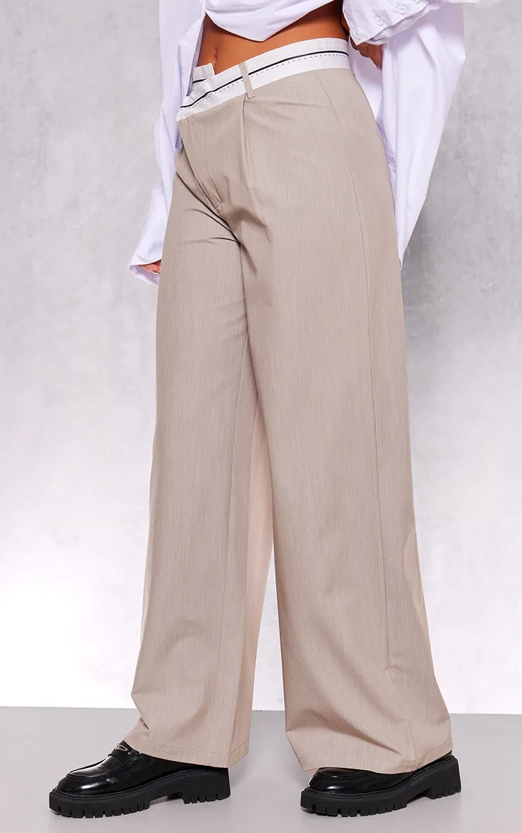 Taupe Contrast Double Waistband Tailored Straight Leg Trousers sold by Pretty Little Thing product image thumbnail 2