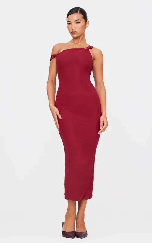Burgundy Lined Mesh Asymmetrical Knotted Midaxi Dress made by Pretty Little Thing