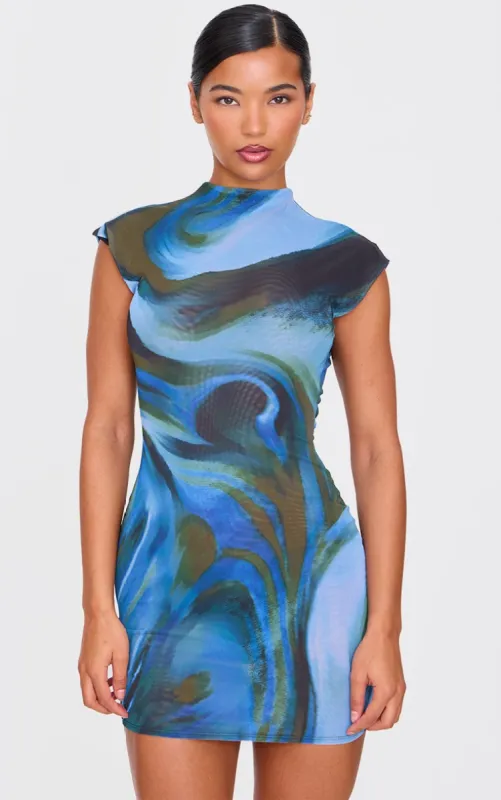 Blue Abstract Mesh Floral Print Mini Dress sold by Pretty Little Thing
