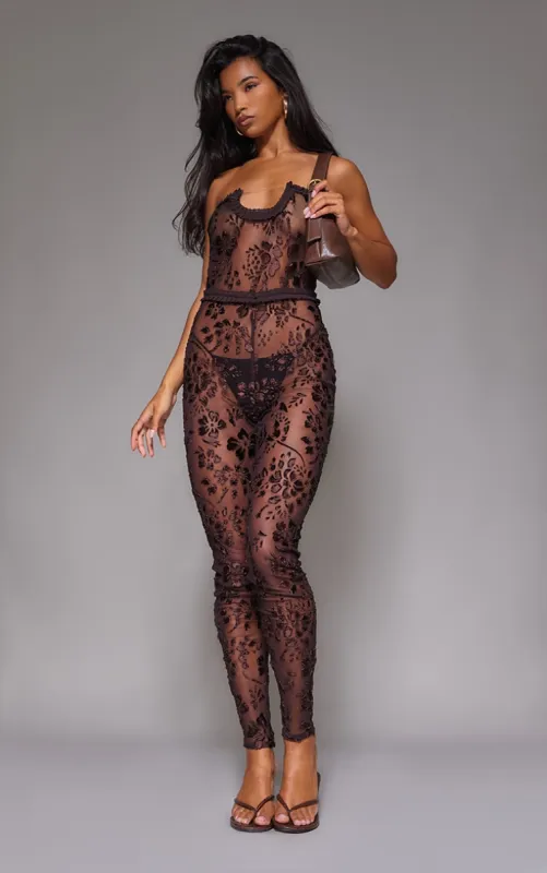 Brown Devore Mesh Bandeau Jumpsuit sold by Pretty Little Thing