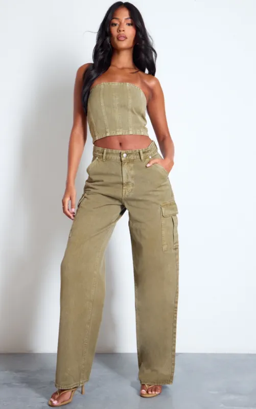 Tall Washed Khaki Low Rise Wide Leg Cargo Jeans sold by Pretty Little Thing