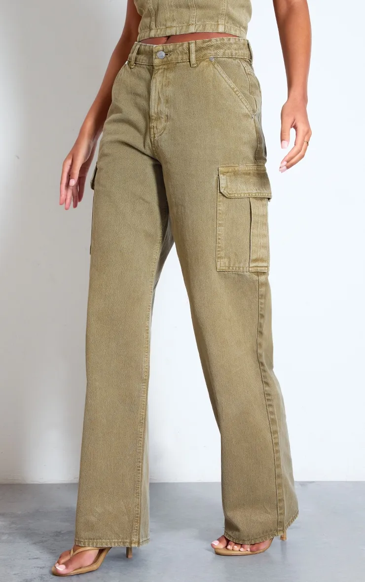 Tall Washed Khaki Low Rise Wide Leg Cargo Jeans sold by Pretty Little Thing product image thumbnail 2