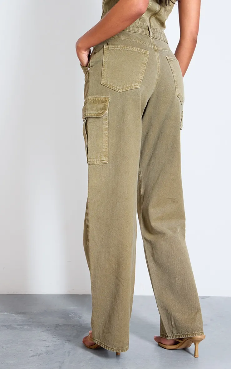 Tall Washed Khaki Low Rise Wide Leg Cargo Jeans sold by Pretty Little Thing product image thumbnail 3