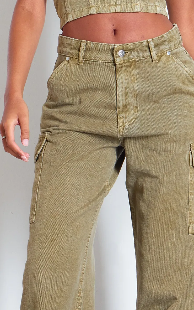 Tall Washed Khaki Low Rise Wide Leg Cargo Jeans sold by Pretty Little Thing product image thumbnail 4