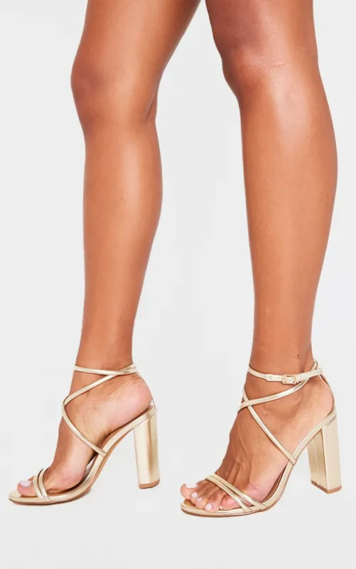 Gold Wide Fit PU Point Toe Strappy Block Heeled Sandals sold by Pretty Little Thing