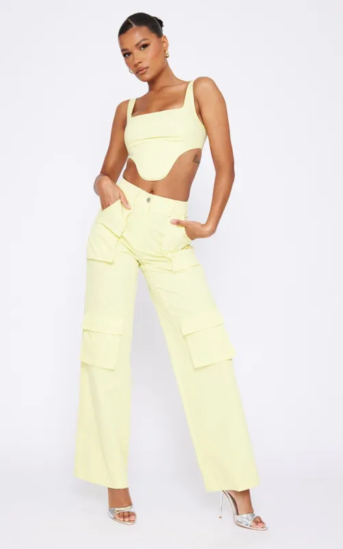 Pale Yellow Twill Pocket Detail High Waist Cargo Trousers made by Pretty Little Thing