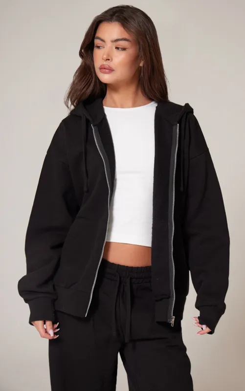 PRETTYLITTLETHING  Black Premium Embroidered Zip Front Oversized Hoodie sold by Pretty Little Thing