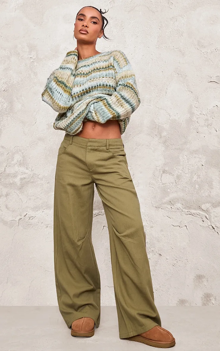 Khaki Low Rise Twill Wide Leg Trousers sold by Pretty Little Thing