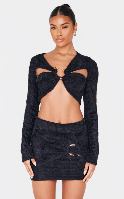 Black Fluffy Textured Trim Detail Crop Top sold by Pretty Little Thing