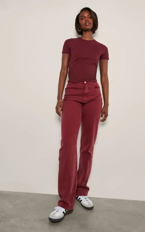 Tall Burgundy Washed High Waist Straight Leg Jeans sold by Pretty Little Thing