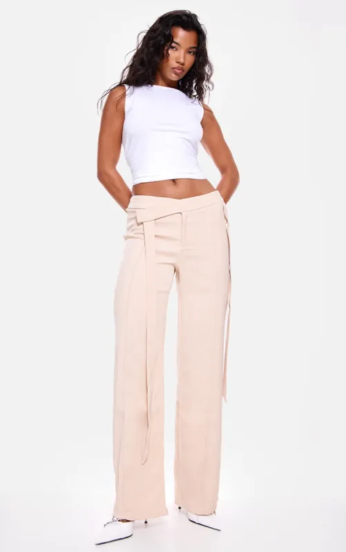  Ecru Premium Tie Detail Waistband Woven Tailored Trousers sold by Pretty Little Thing