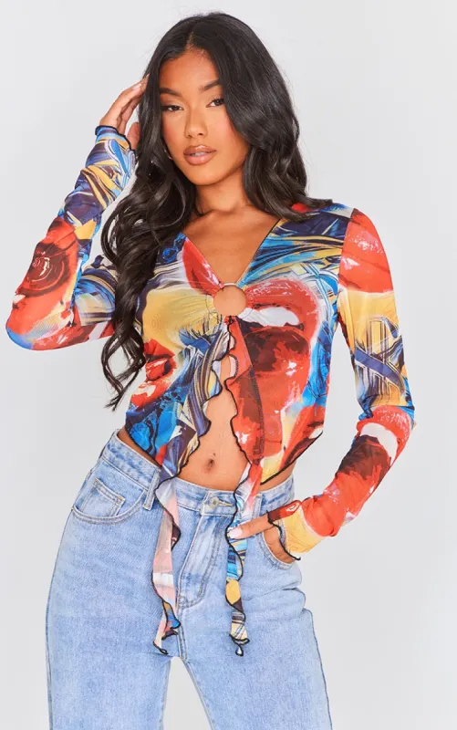  Bright Red Mesh Ring Detail Ruffle Long Sleeve Crop Top sold by Pretty Little Thing