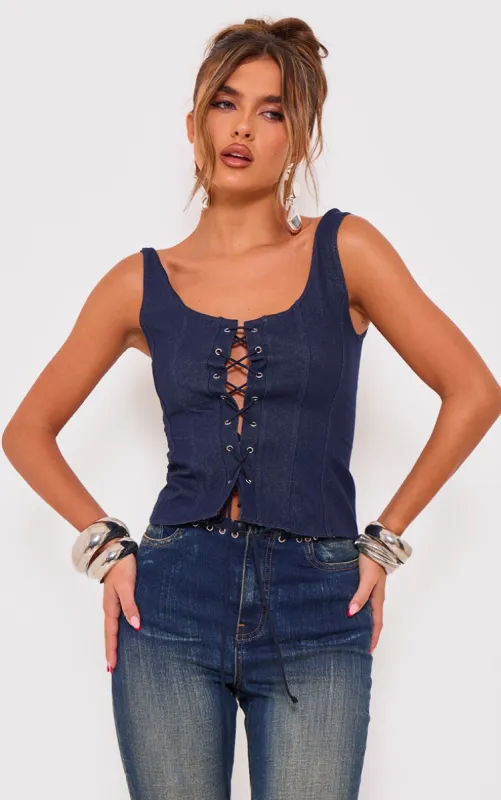 Blue Denim Look Lace Up Detail Corset Top sold by Pretty Little Thing