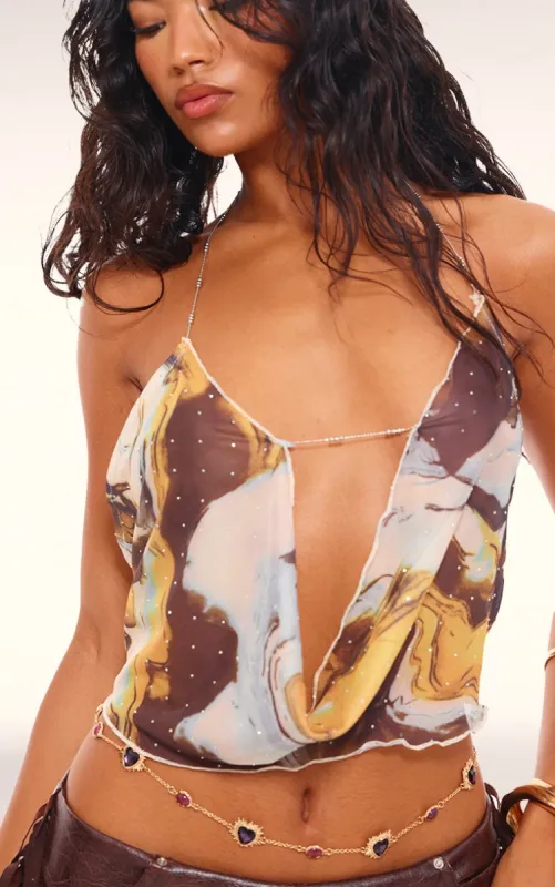 Brown Diamante Mesh Trim Detail Cowl Top sold by Pretty Little Thing