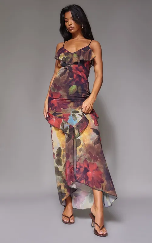 Red Floral Frill Strappy Maxi Dress sold by Pretty Little Thing