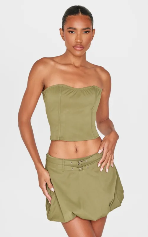 Khaki Twill Buckle Detail Bandeau Corset Top sold by Pretty Little Thing