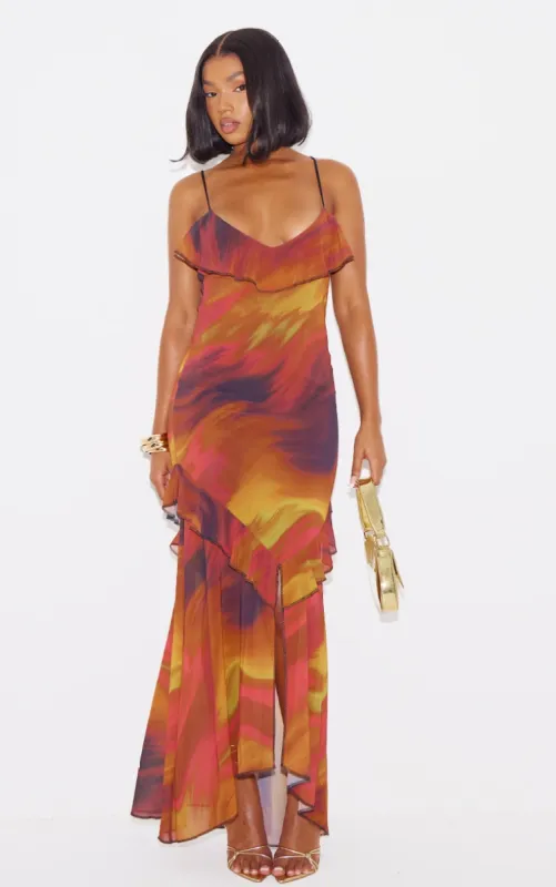 Brown Print Frill Strappy Maxi Dress sold by Pretty Little Thing