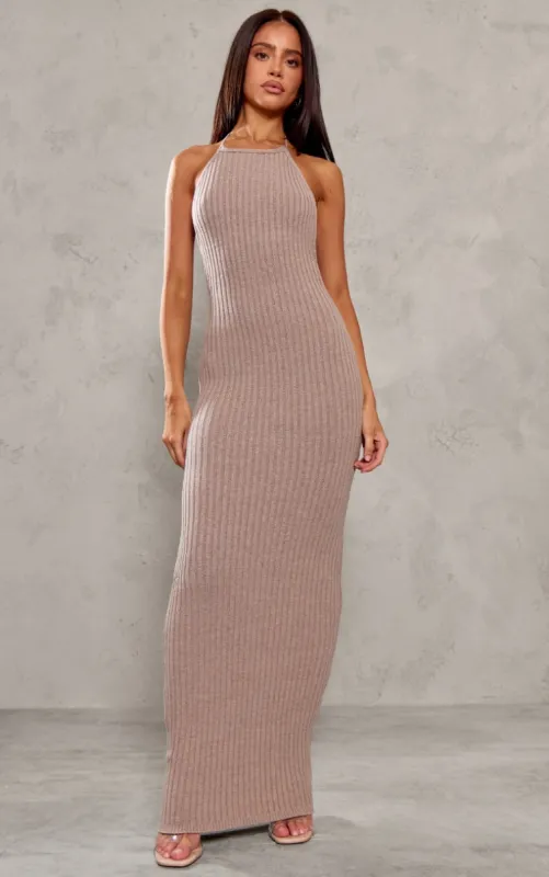 Petite Deep Taupe Knitted Open Back Maxi Dress sold by Pretty Little Thing