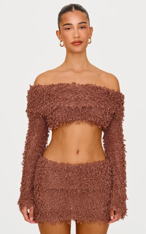 Chocolate Textured Fold Over Bardot Long Sleeve Crop Top sold by Pretty Little Thing