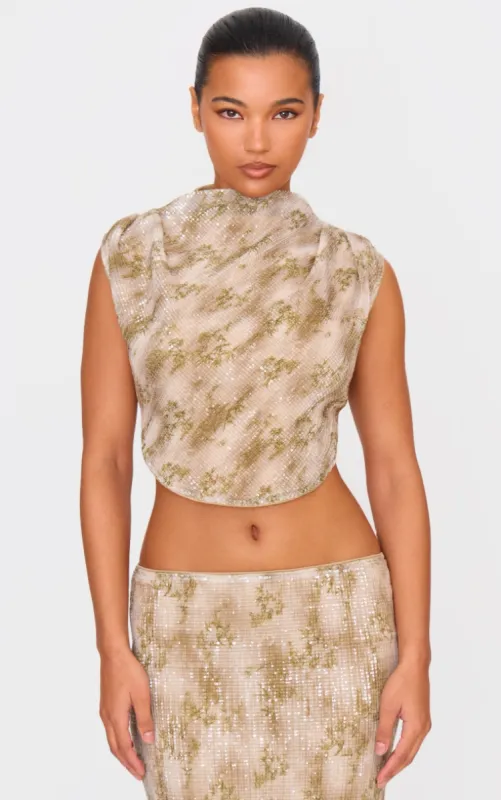 Green Sequin Tie Back High Neck Cowl Crop Top sold by Pretty Little Thing