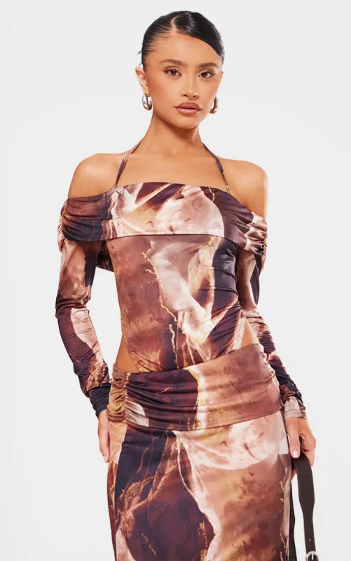 Petite Brown Slinky Bardot High Cut Bodysuit sold by Pretty Little Thing