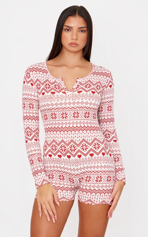 Cream Fairisle Print Button Down Pyjama Romper made by Pretty Little Thing