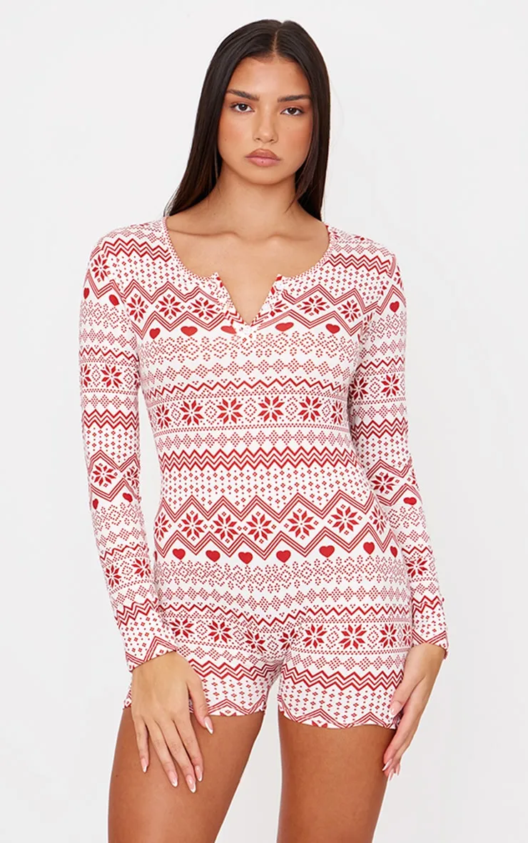 Cream Fairisle Print Button Down Pyjama Romper sold by Pretty Little Thing
